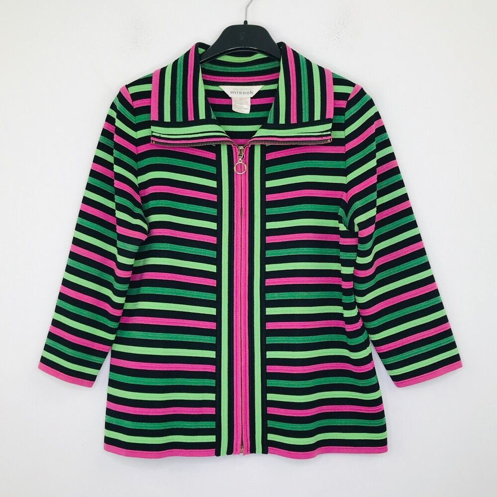 Misook Womens XS Jacket Multicolor Striped Shoulder Pad 3/4 Sleeve Full Zip BZ23